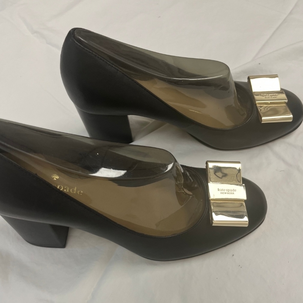 kate spade Black Leather Block Heel Pumps with Gold Bow Hardware